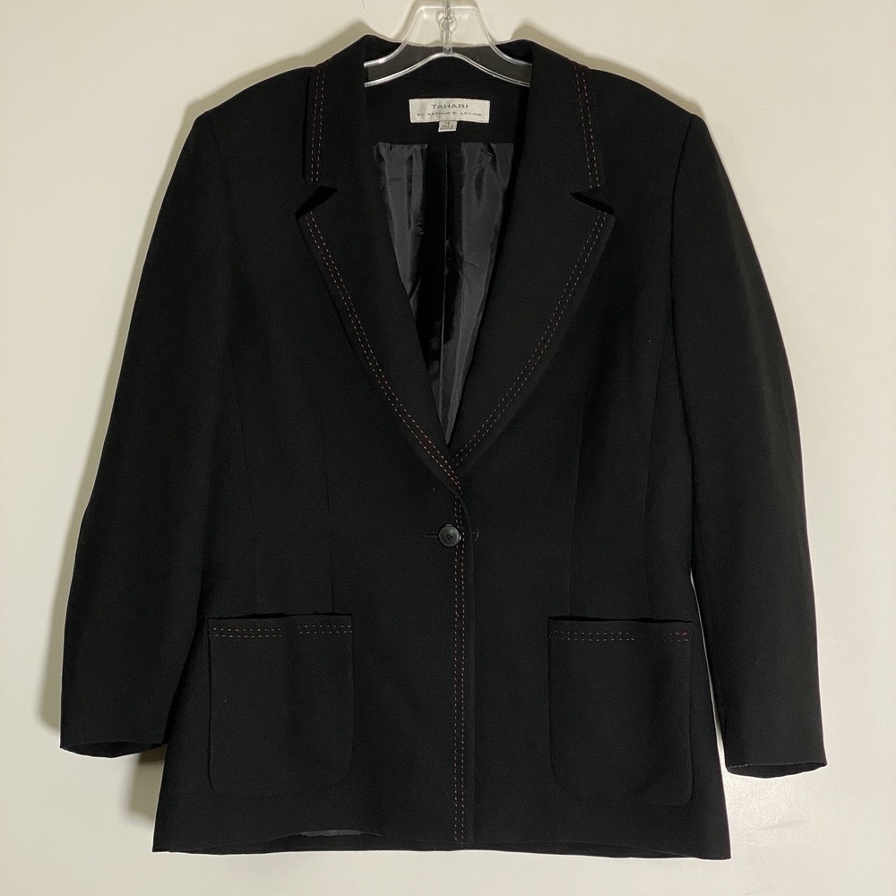 Tahari Arthur S Levine Jacket Blazer Womens 14 Black Red Stitching Classy Pocket
